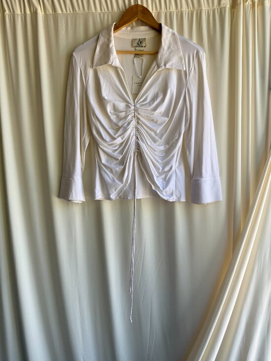 Tops - Vintage White Ruched Drawstring Collared Top i C E  (Large)